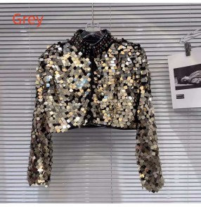 Women girls Catwalk show Jazz dance sequin jacket for female glitter gradient pailette dj ds gogo dancers short coats rhinestone stand collar short tops for female